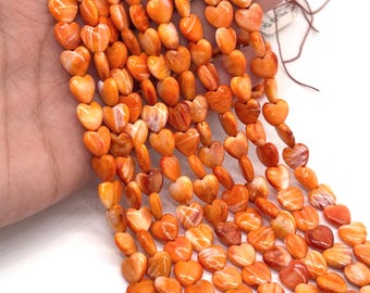 8 mm Spiny Oyster Heart Beads  • 16 Inch length • AAA Quality • Natural Spiny Oyster Red/  Orange Color • Origin Mexico