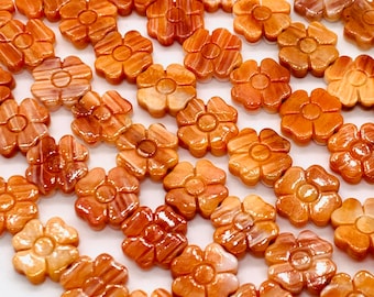 Spiny Oyster Flower Carving Beads • 12x12 mm Size • 40 cm length • AAA Quality • Natural Spiny Oyster Orange Color • Origin Mexico