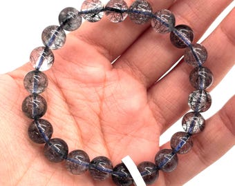 Pulseira de Rutilo Azul • Tamanho 8,50 mm • Código #B2 • Qualidade AAAA • Peso 19,6 g • Quartzo Rutilado Natural • Pulseira Redonda de Rutilo