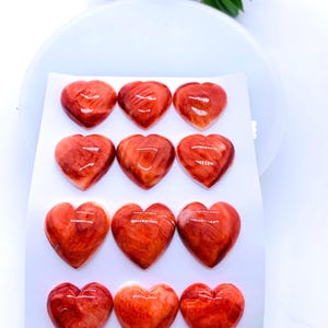 May include: Twelve heart-shaped stones with a reddish-orange hue are arranged on a white card. The stones are approximately 0.79 inches in diameter. The card is on a white plate, with a small green plant in the background.