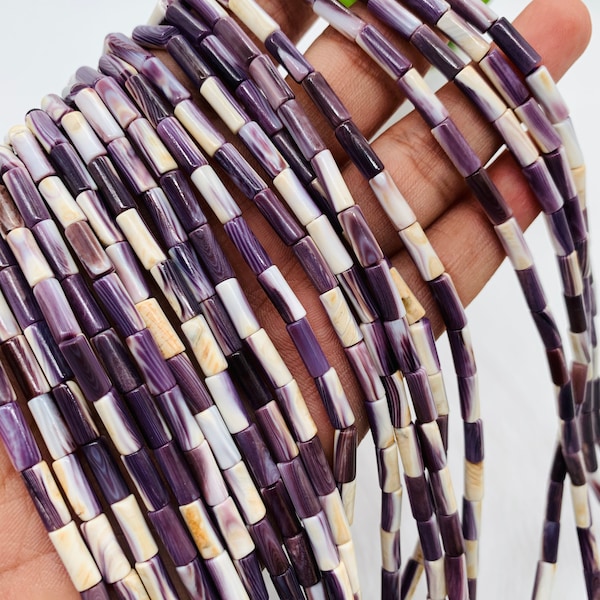 Wampum Quahog Shell Tube Beads • 4x8 mm Taille • 40 cm longueur • Qualité AAA • Coquille Wampum naturelle • Couleur violette • Origine Côte Est États-Unis