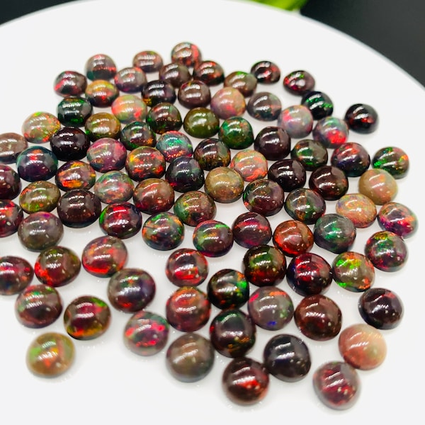 Black Opal Cabochon • 6 mm Size • Pack of 5 Pcs • Code B17 - AAA Quality • Natural Opal Red Treated Color • Ethiopian Opal Cabs