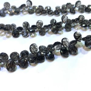 8 Inch Strand, Black Rutile Faceted Pear Beads - 8x12 mm size - Black Rutilated Quartz, Black Rutile Briolettes -Fine Quality