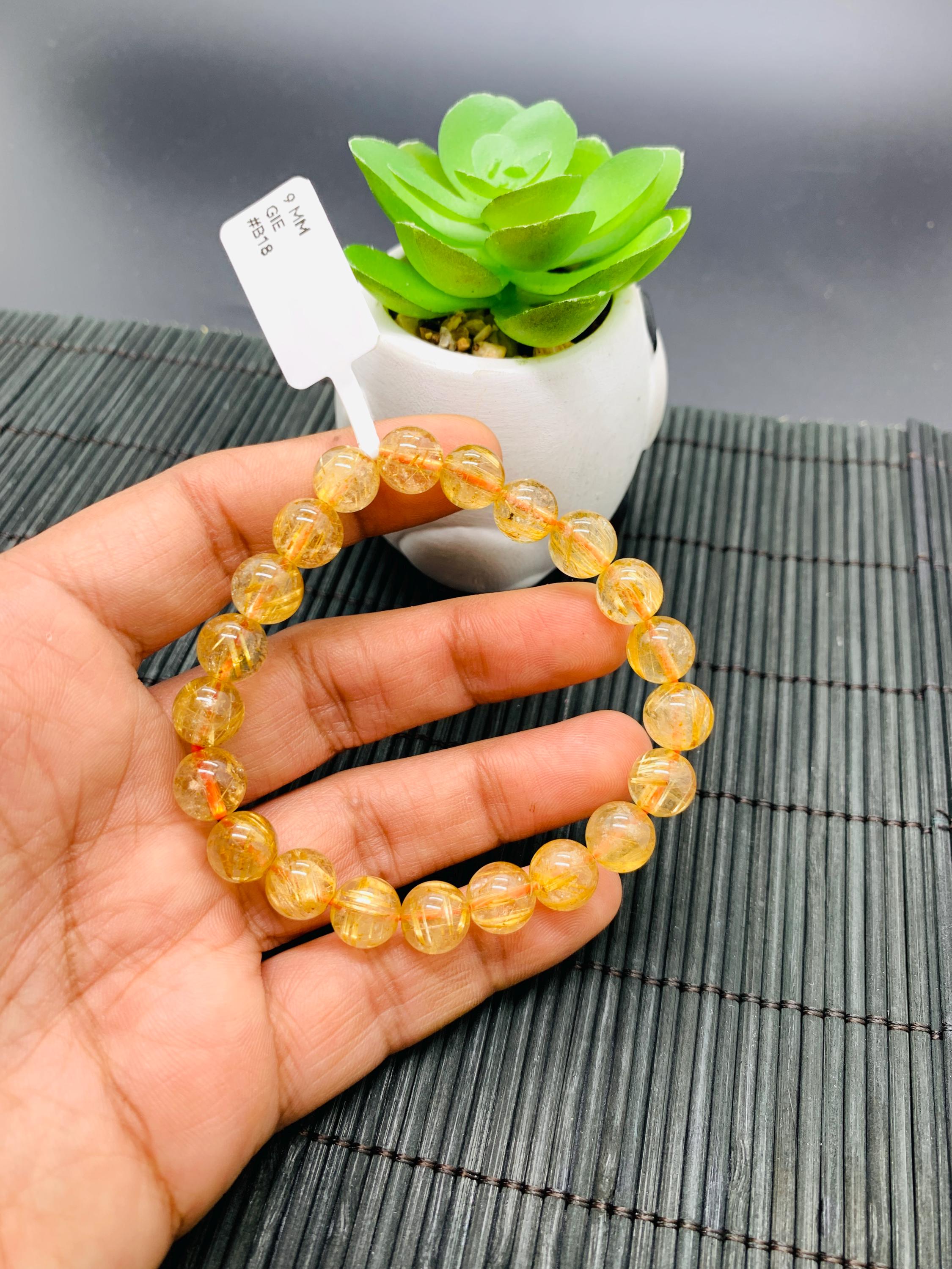 Golden Rutile Round Bracelet • 9 Mm Size • Code B18 • 4A Quality