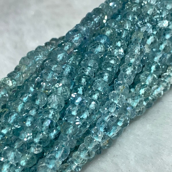 4 MM Aquamarine faceted Roundel Beads •  Length 13 Inch • 5A Quality Transparent Beads • Aquamarine Top Quality Faceted