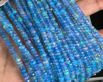 Rópalo etíope Azul Ópalo 4MM facetado Perlas de redondel, Hebra de 16 pulgadas, Redondela de ópalo etíope, Ópalo etíope teñido, Tratada térmicamente
