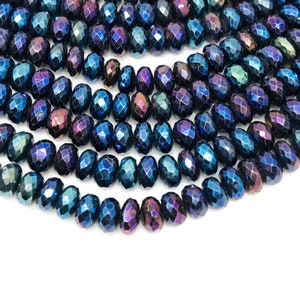 8MM Black Spinel Mystic Faceted Roundel , Blue coating beads, Length 10&quot; Spinel coating ,Black Spinel  hole size 1.00 MM , bigger hole beads