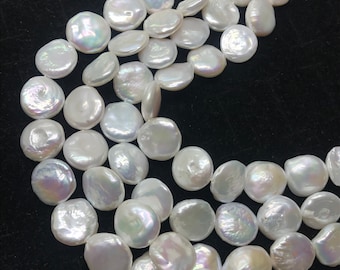 Moneda de perla de agua dulce lisa de 14 mm, calidad AAA, forma de moneda de perla natural, longitud 16", calidad muy fina, color blanco.