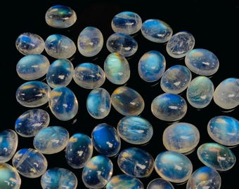 Cabochões ovais de pedra da lua arco-íris 6 x 8 mm - Pacote com 4 peças - Qualidade 5A - Cabochões de pedra da lua azul flash