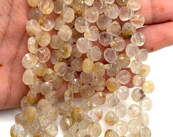 Golden Rutile 8MM Faceted Heart shape Beads -- Golden Rutile Quartz, Golden Rutile Briolettes -length 8"