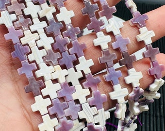 Wampum Quahog Shell Cross Beads • 8 mm Size • 40 cm length • AAA Quality • Natural Wampum Shell • Purple Color