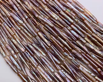 Perline di perle d'acqua dolce a bastoncino, 23-24 x 4-4,5 mm - Perline di perle Biwa - Perline lunghe di perle rosa - Qualità AAA