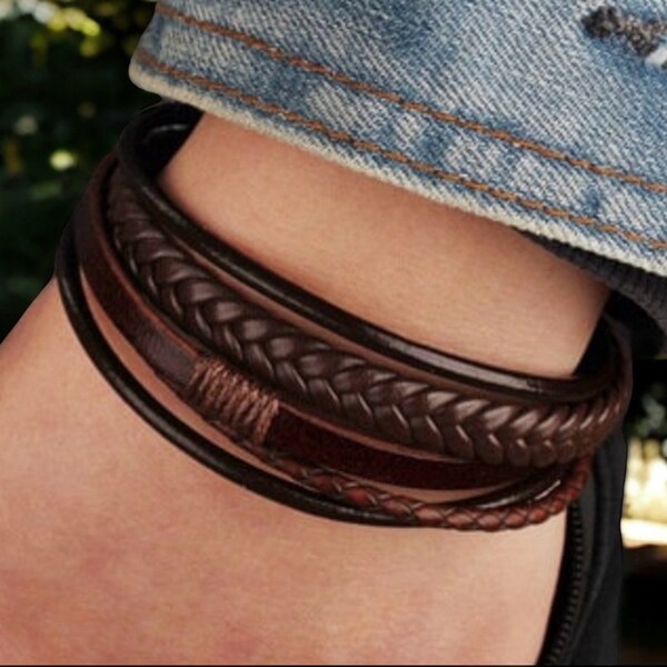 Rugged Vegan Leather Natural Shade Brown Black Handmade Boho Multi Layer Cord Bracelet for Men Five Row Cuff Leather Bracelet Gift for Men