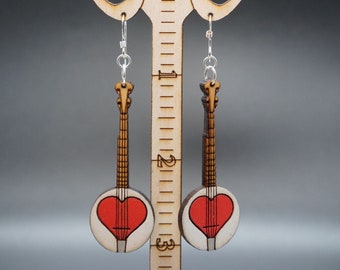 Banjo Heart, Laser Cut, Hand Painted, Recycled Maple, Light Weight, Wooden  Earring