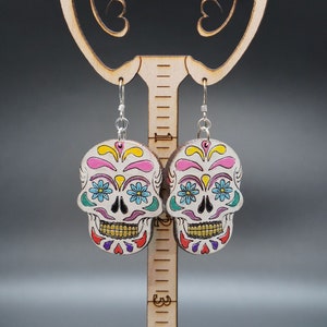 Sugar Skull, Laser Cut, Hand Painted, Recycled Maple, Light Weight, Wooden  Earring