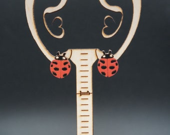 Ladybug, lightweight, hand painted, laser cut, recycled maple wood, earrings