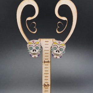 Sugar Skull, Laser Cut, Hand Painted, Recycled Maple, Light Weight, Wooden  Earring