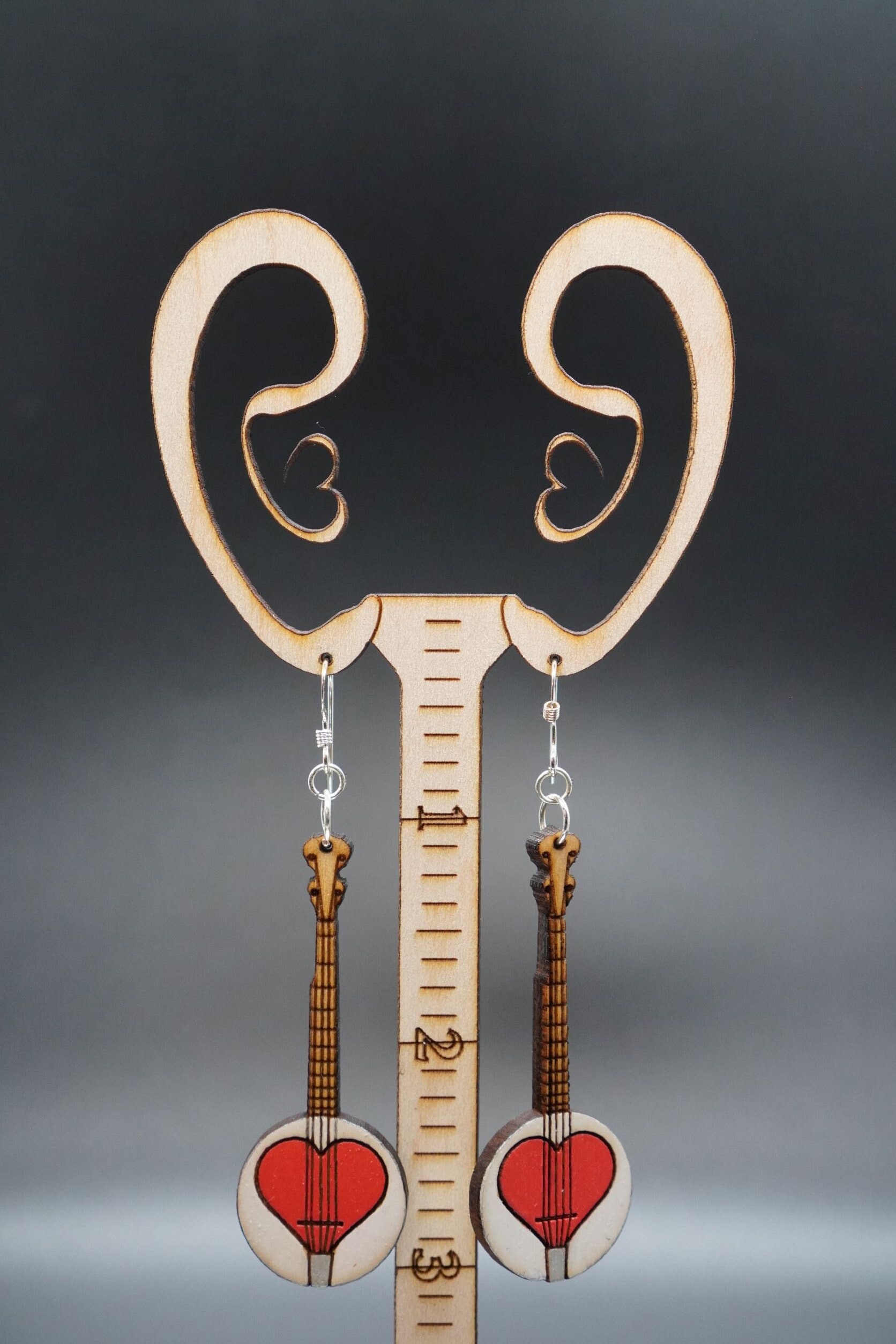 Banjo Heart, Laser Cut, Hand Painted, Recycled Maple, Light Weight, Wooden  Earring