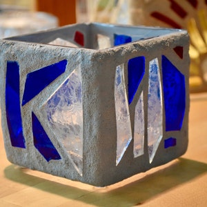 Cathedral Candle / The Blue Swim / Handcrafted Blue, Crystal Clear and Red, in Gray Grout.