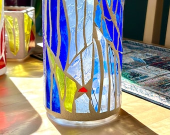 Stained Glass Candleholder, "Ice Princess" Gorgeous blue, with crystal clear stained glass, with a little yellow as well , 9"x 4" round.