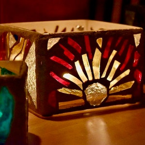 Stained glass Candleholder, Cathedral Candle, "Sunshine", Handmade, Hand-Cut Gold, Red, and Crystal Clear Glass, Sandstone Grout, 6x6x4"