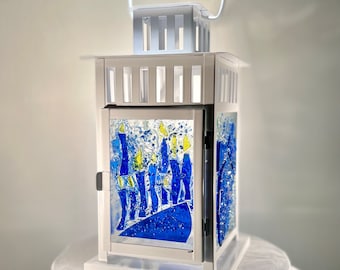 Candleholder, Lantern, 12"  "Holiday Blue Lantern" Cobalt Blue, Yellow and Crystal Clear Stained Glass, Handmade Cut Glass, Cathedral Candle