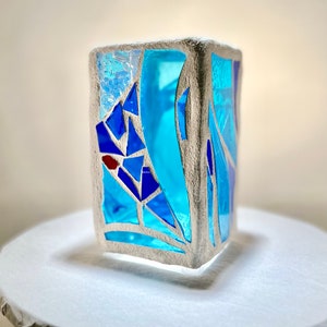 Stained glass Candleholder, Candle, ,Blue, Red, Crystal Clear, "Blue Vessel ll" 6"x3", handmade, hand-cut