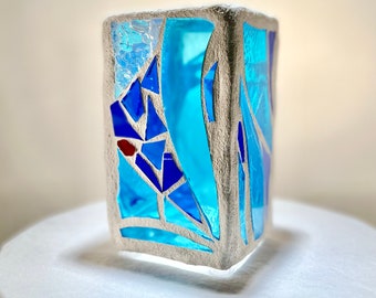 Stained glass Candleholder, Candle, ,Blue, Red, Crystal Clear, "Blue Vessel ll" 6"x3", handmade, hand-cut