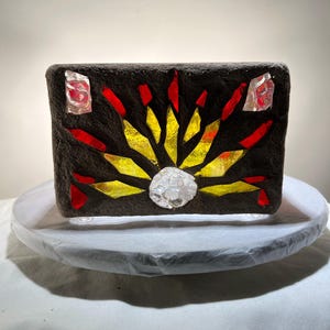 Stained glass Candleholder, Cathedral Candle, &quot;Sunshine&quot;, Handmade, Hand-Cut Gold, Red, and Crystal Clear Glass, Sandstone Grout, 6x6x4&quot;