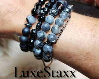 Black Onyx & Tourmaline Beaded Bracelet – Adjustable Stackable Gemstone