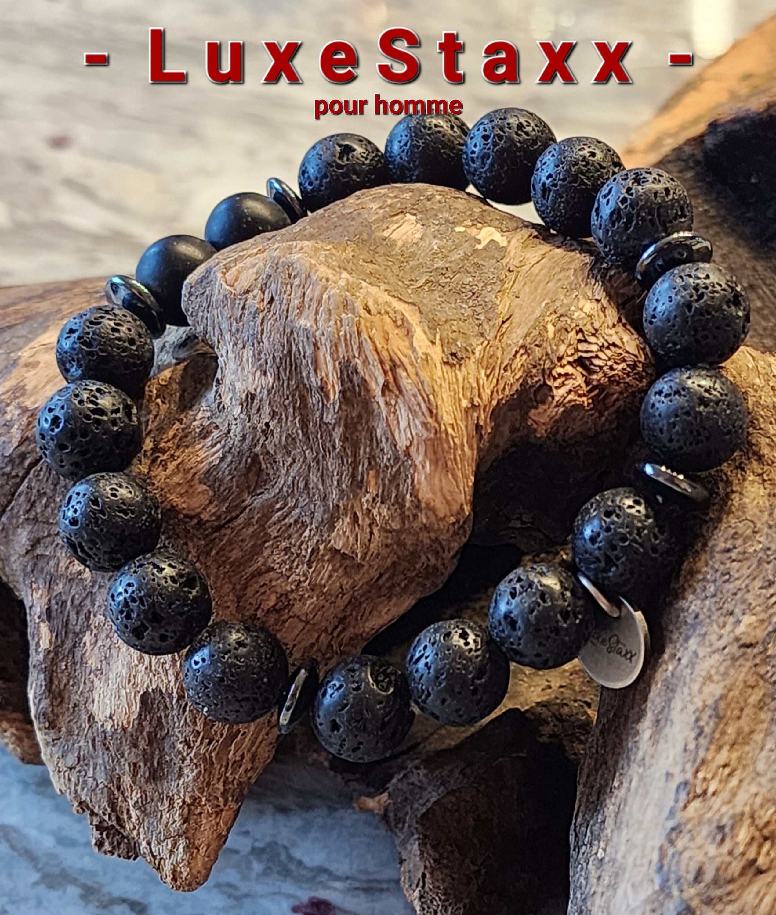 Mens Beaded Bracelet, Black Onyx, Lava Rock, Mens Bracelet