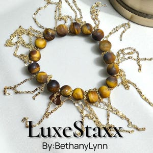 Matte Tiger’s Eye Beaded Bracelet with Gold Chain Fringe – Stackable – Luxe