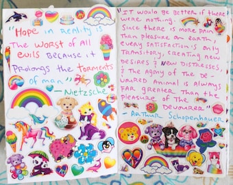 May include: A page from a journal with colorful stickers and handwritten quotes. The quotes are by Friedrich Nietzsche and Arthur Schopenhauer. The stickers are of rainbows, hearts, animals, and other whimsical designs.