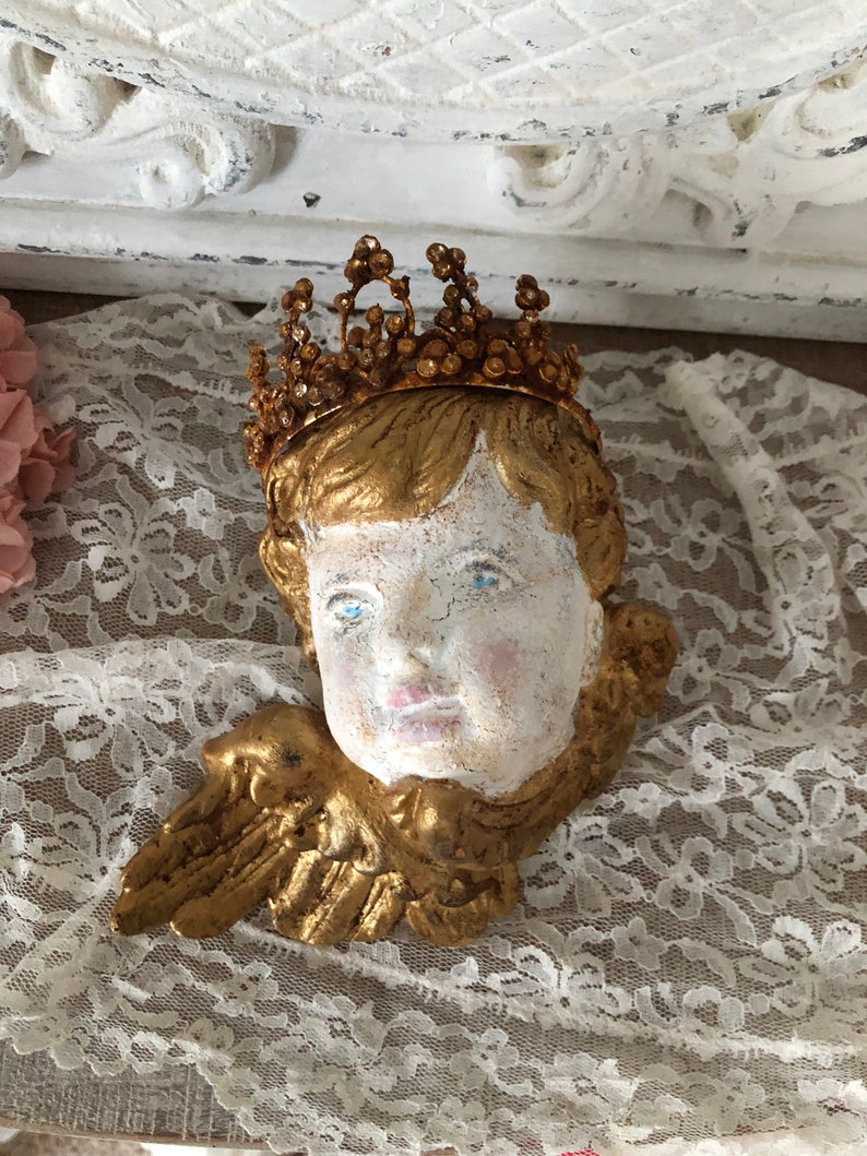 Small Cherub Angel Head Statue Wall Decor/ Distressed Tiara/ Shabby