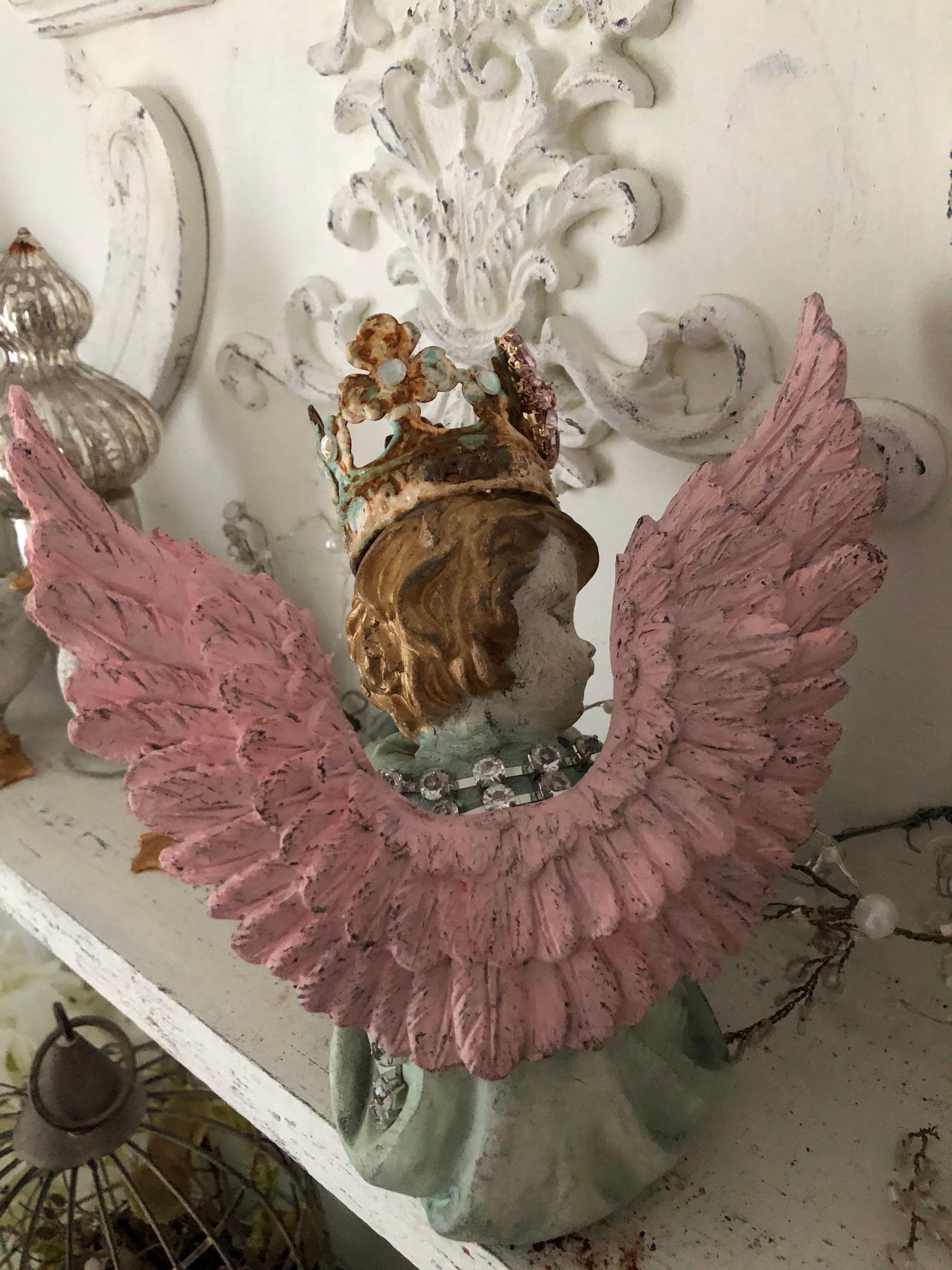 Small cherub statue with crown shabby chic mantel decor Etsy