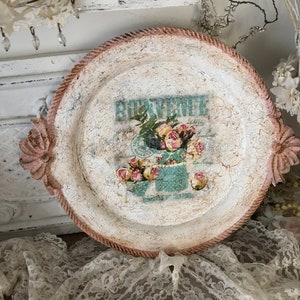 Decorative Metal Large Tray With Bows/Decoupage Flowers/Shabby Chic