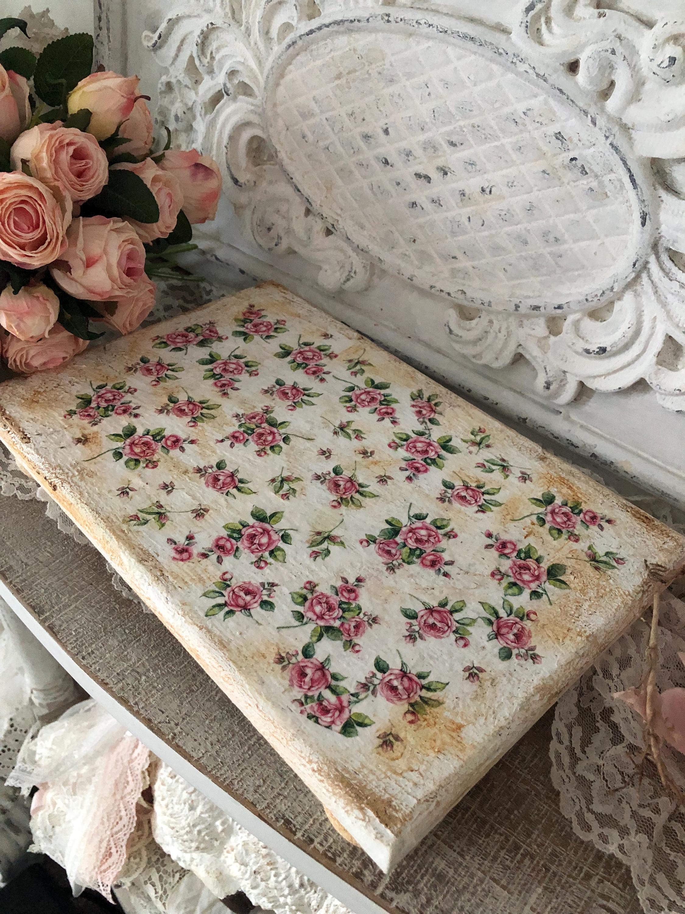 Vintage White Distressed Wooden Riser/decoupage Pink Flowers/shabby ...