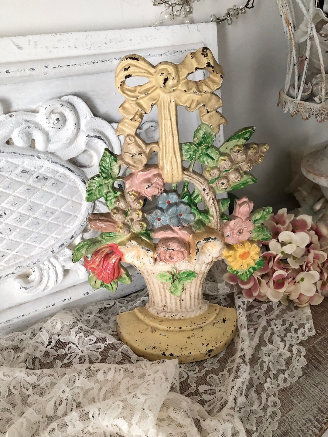 Large Cast Iron Yellow Flower Basket Doorstop Etsy