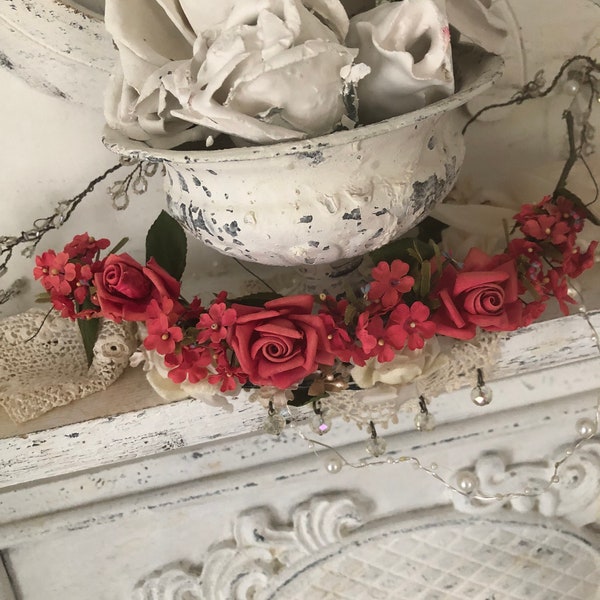 Gorgeous Vintage Millinery Red Flowers Small Garland