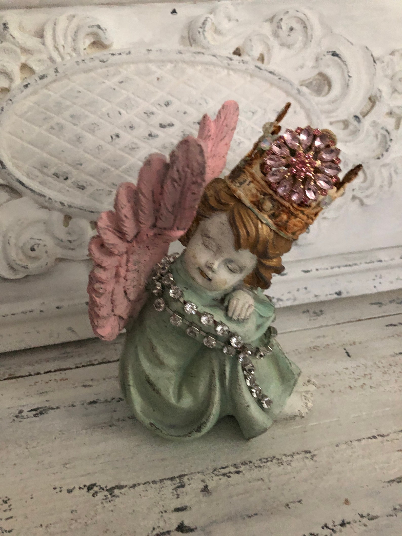 Small cherub statue with crown shabby chic mantel decor Etsy