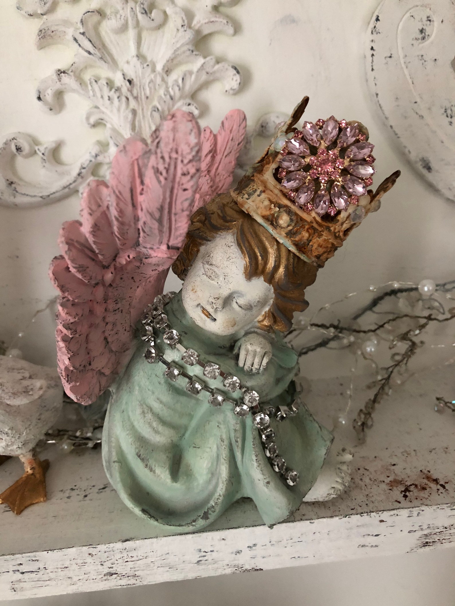 Small cherub statue with crown shabby chic mantel decor Etsy