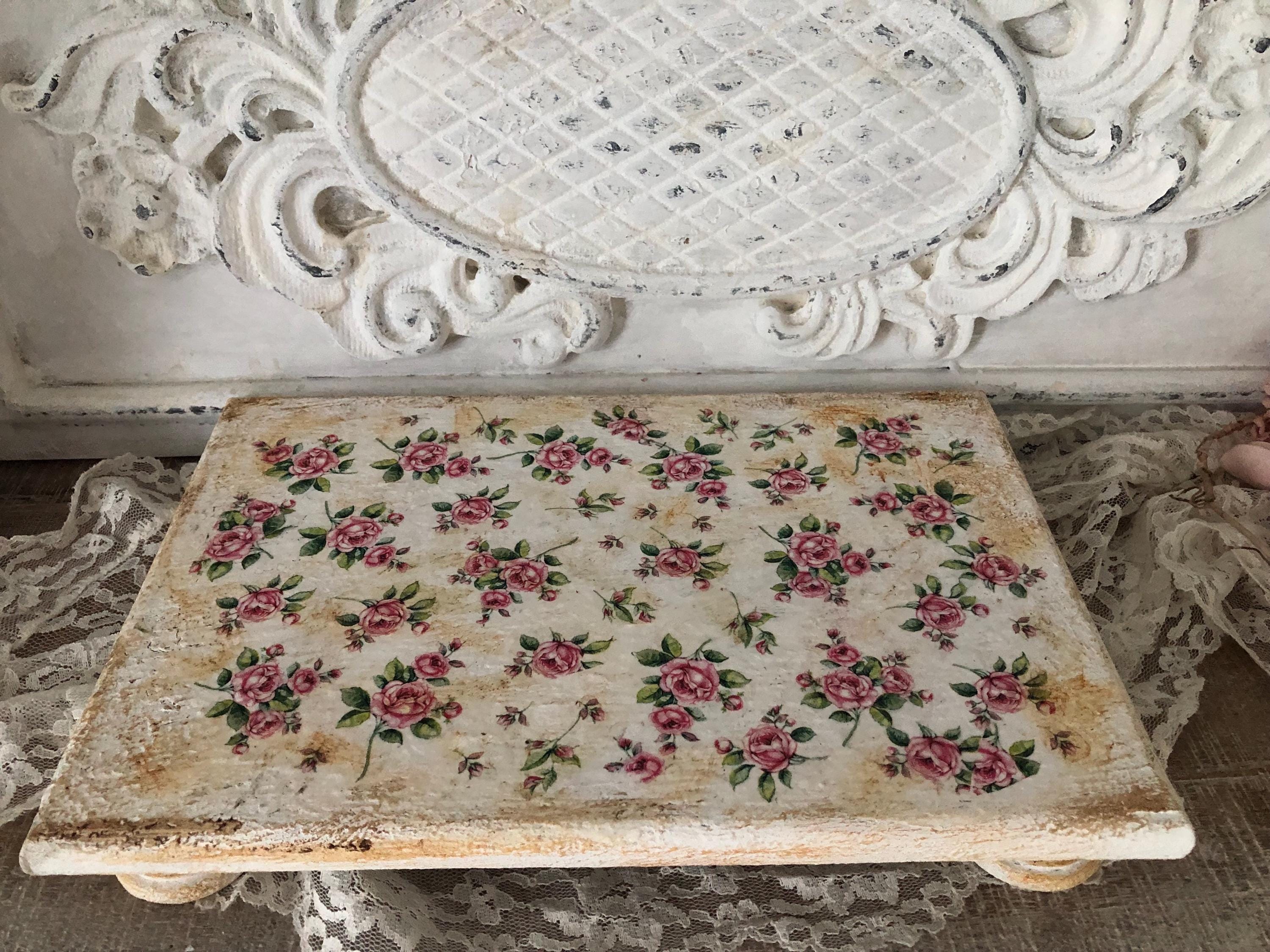 Vintage White Distressed Wooden Riser/decoupage Pink Flowers/shabby ...