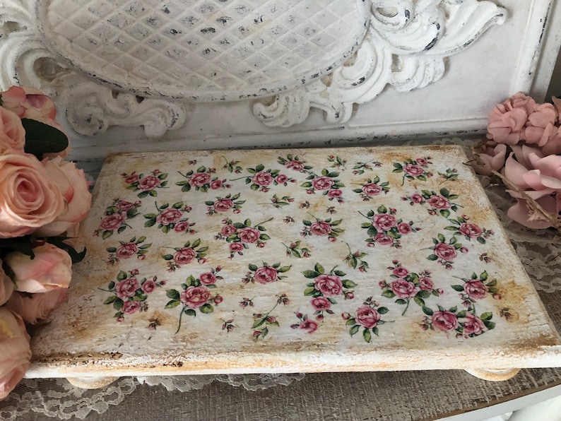Vintage White Distressed Wooden Riser/decoupage Pink Flowers/shabby ...
