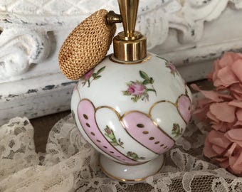 Antique Porcelain Pink Floral Perfume Bottle With Atomizer/Shabby Chic Cottage
