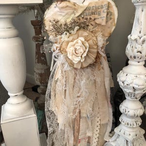 Embellished Tattered Heart Wall Decor/Paper Rose/Lace And Fabric Ribbons/Shabby Chic/Farmhouse