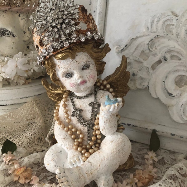 Small Angel Cherub Statue With Crown/Vintage Rhinestone/ Vintage Pearls