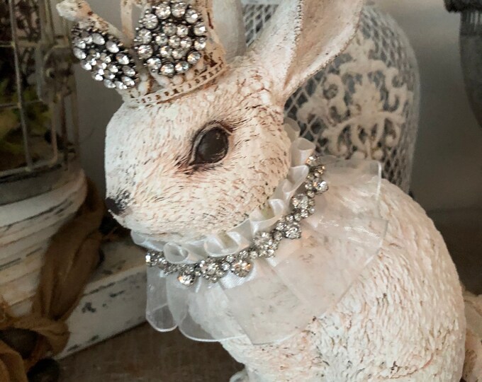 Small Rabbit Statue With Crown /rhinestone Collar/ribbon Lace Etsy