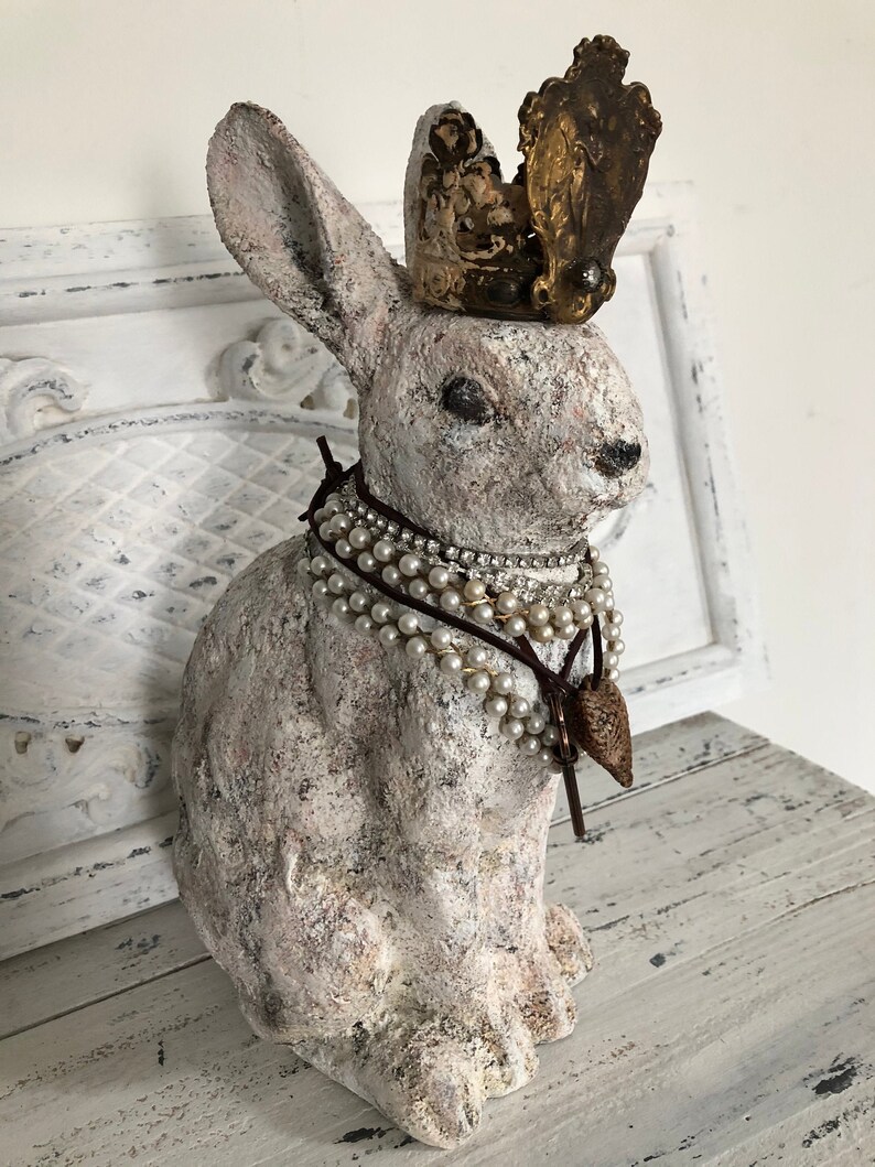 Rabbit Statue shabby Chic farmhouse crown pearls Etsy