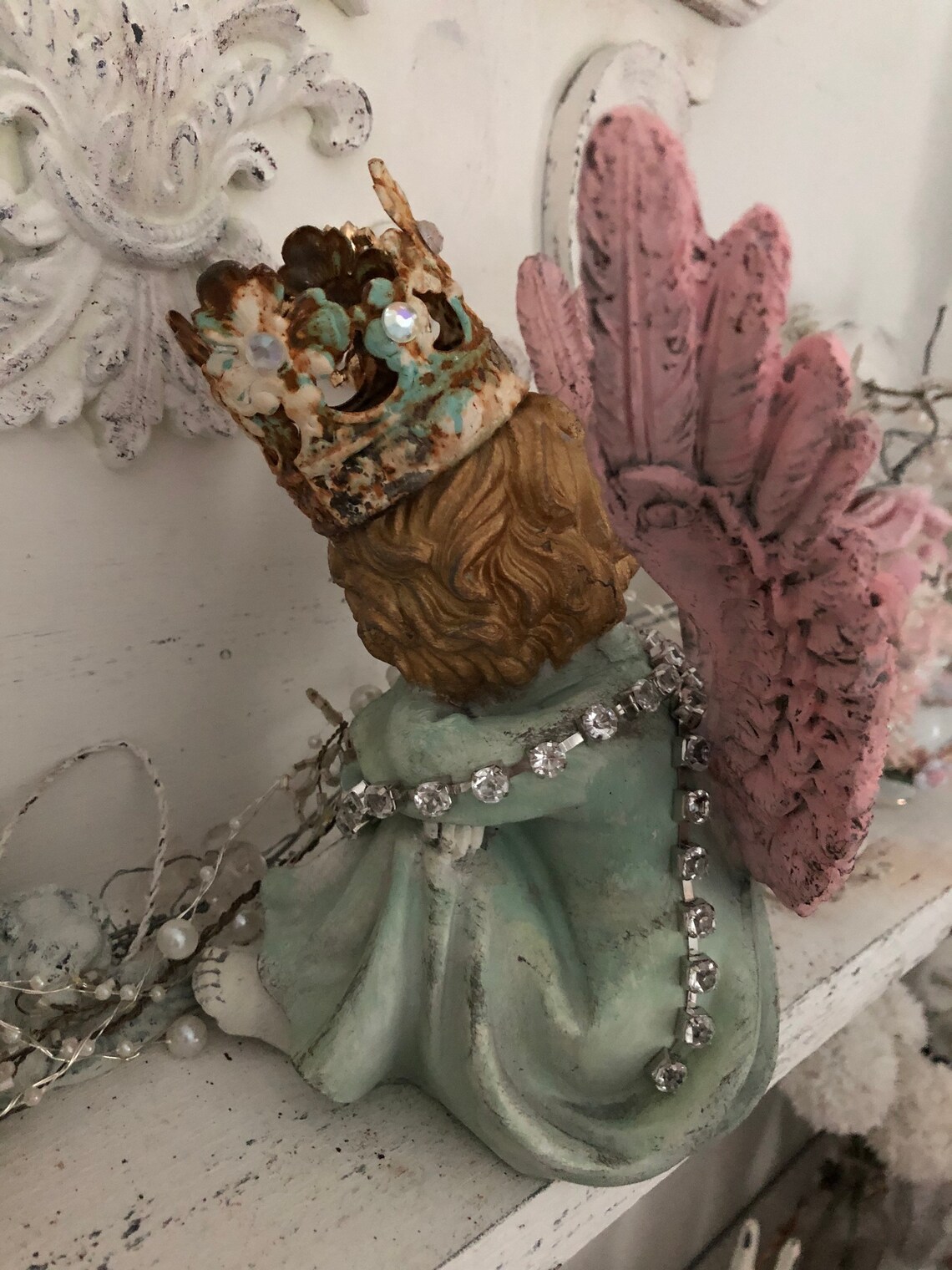 Small cherub statue with crown shabby chic mantel decor Etsy