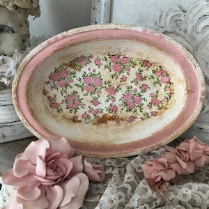 Vintage White And Pink Distressed Metal Oval Bowl/Decoupage Pink Flowers/Shabby Chic Cottage